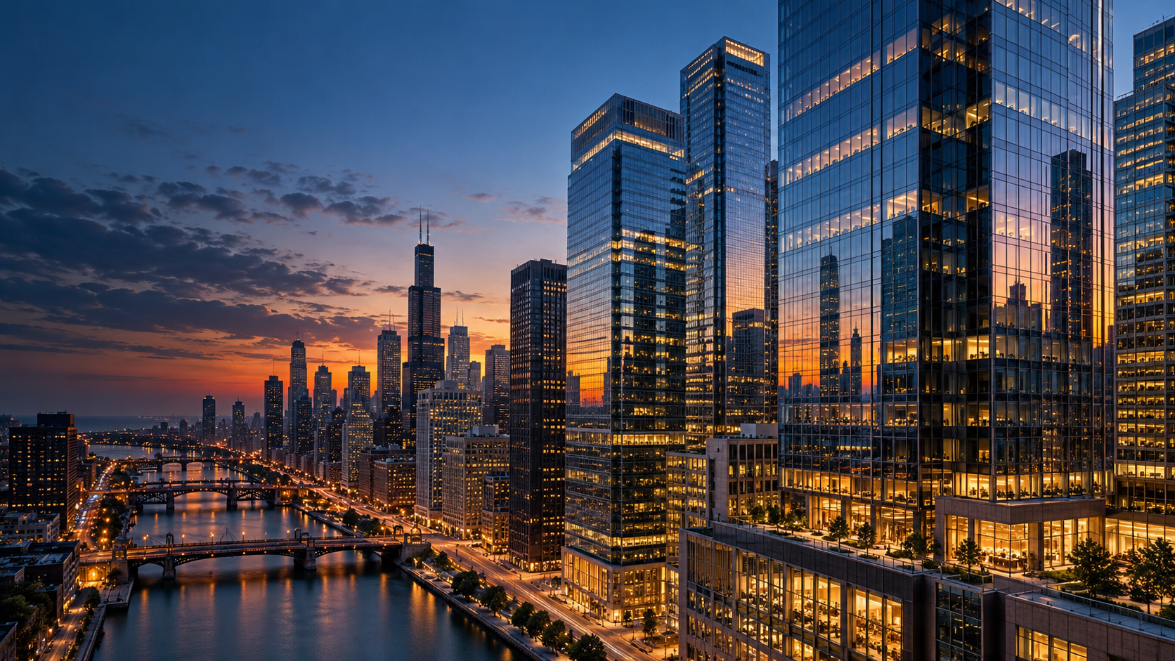 Glass skyscrapers above a river at dusk, with warm illuminated windows